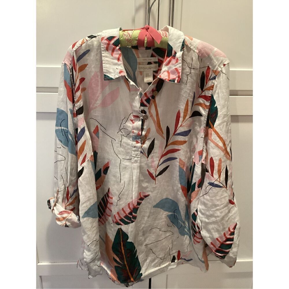 Cynthia Rowley 100% Linen Top Tunic Sz 2X Roll Tab Sleeve Tropical